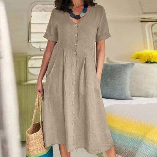 Cotton Linen Single-Breasted Party Dress
