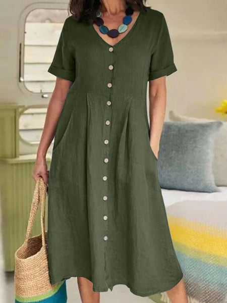Cotton Linen Single-Breasted Party Dress