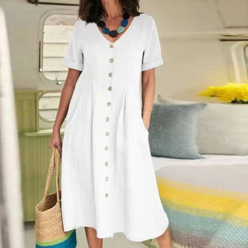 Cotton Linen Single-Breasted Party Dress