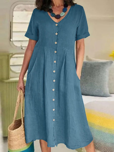 Cotton Linen Single-Breasted Party Dress