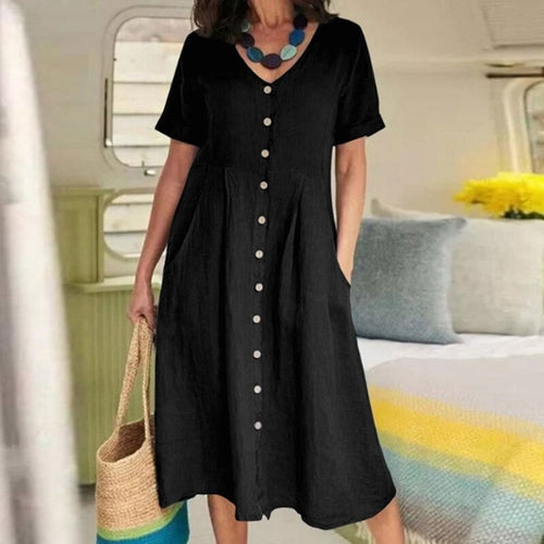 Cotton Linen Single-Breasted Party Dress