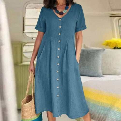 Cotton Linen Single-Breasted Party Dress