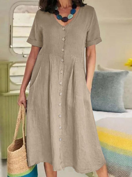 Cotton Linen Single-Breasted Party Dress