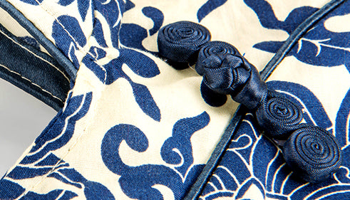 Navy Blue Chinese Floral Pattern Cheongsam Dress for Girls