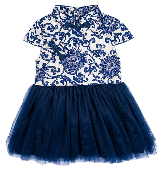 Navy Blue Chinese Floral Pattern Cheongsam Tutu Dress for Girls