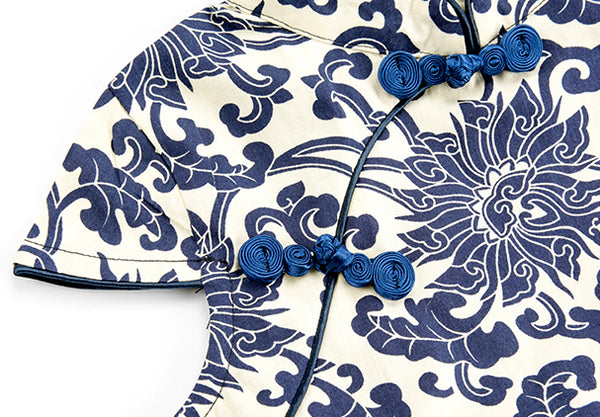 Navy Blue Chinese Floral Pattern Cheongsam Tutu Dress for Girls