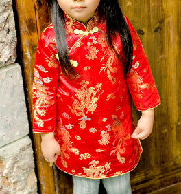 Chinese Dragon and Phoenix Red Cheongsam Dress for Girls