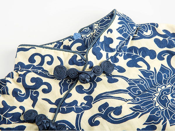 Navy Blue Chinese Floral Pattern Cheongsam Dress for Girls