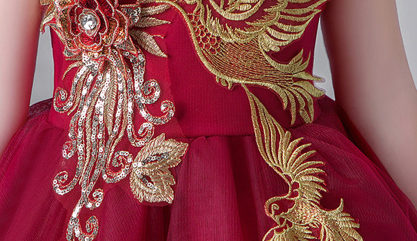 Red Wine Floral  Bird Chinese Cheongsam Tutu Dress for Girls