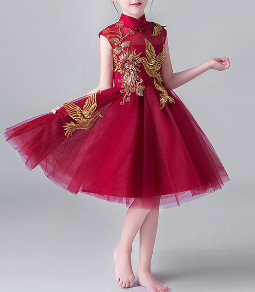 Red Wine Floral  Bird Chinese Cheongsam Tutu Dress for Girls