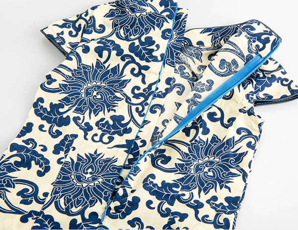 Navy Blue Chinese Floral Pattern Cheongsam Dress for Girls