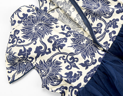 Navy Blue Chinese Floral Pattern Cheongsam Tutu Dress for Girls