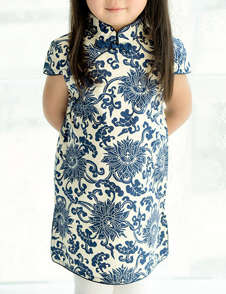 Navy Blue Chinese Floral Pattern Cheongsam Dress for Girls