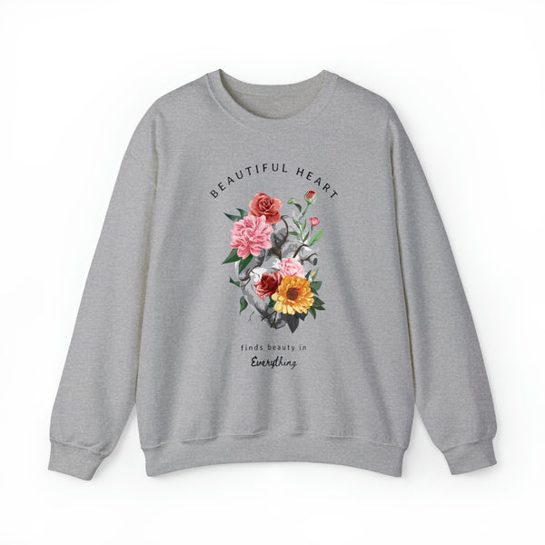 Beautiful Blooming Floral Heart Finds Beauty in Everything Unisex Heavy Blend Crewneck Sweatshirt