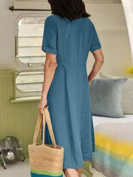 Cotton Linen Single-Breasted Party Dress