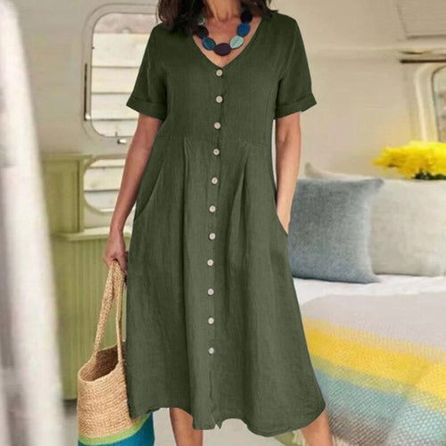 Cotton Linen Single-Breasted Party Dress