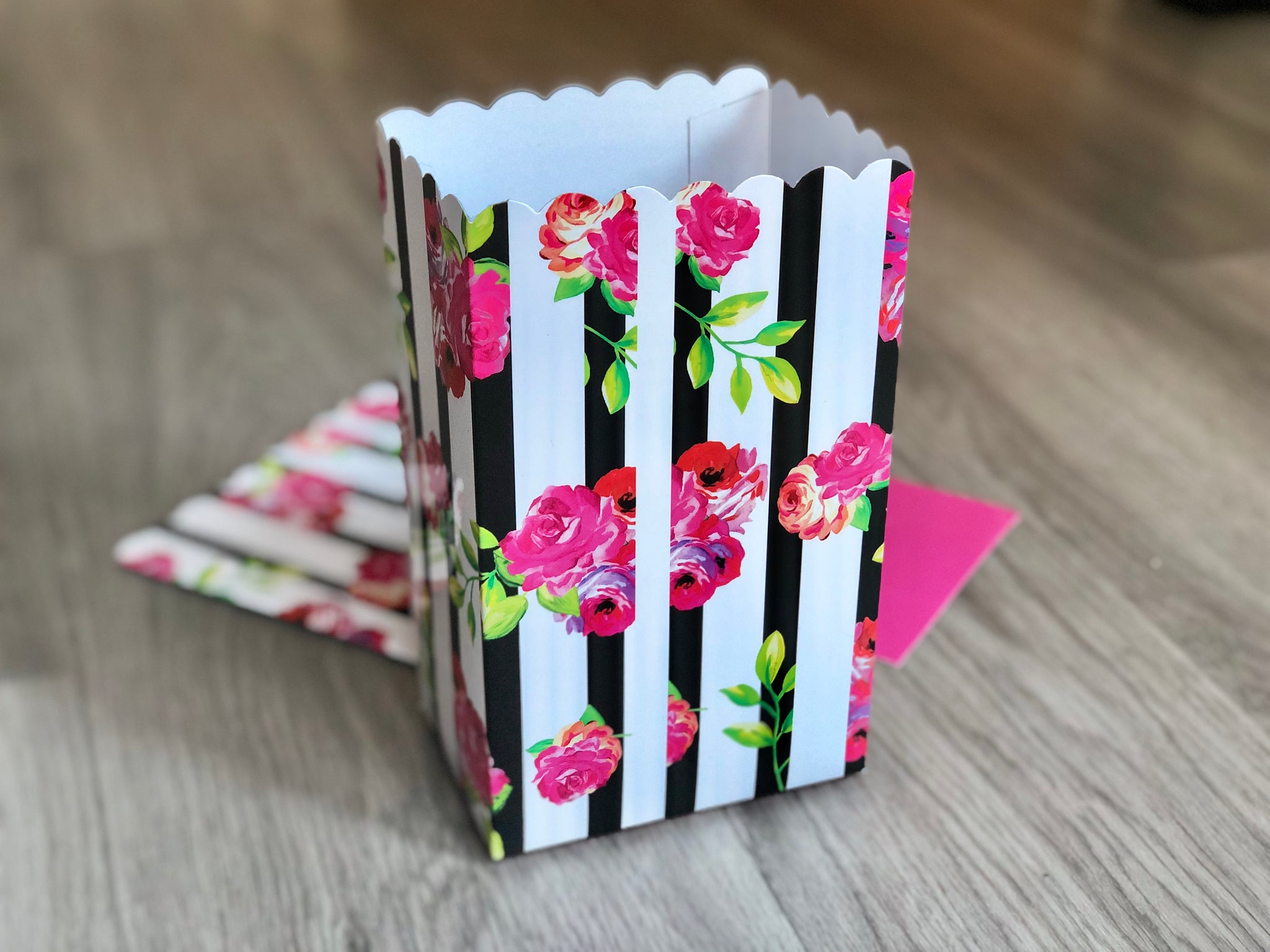 Black Stripe Pink Floral Rose Favor Boxes / Treat Boxes / Popcorn Boxes