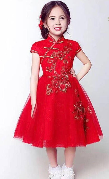 Red Floral Chinese Cheongsam Tutu Dress for Girls
