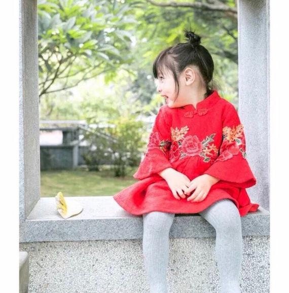 Red Floral Lace Cheongsam Fleece Thermal Dress for Girls