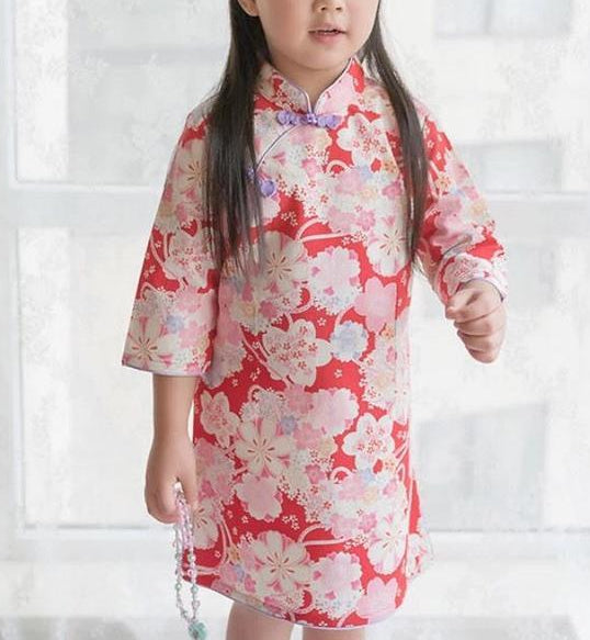 Red Cherry Blossom Cheongsam Dress for Girls