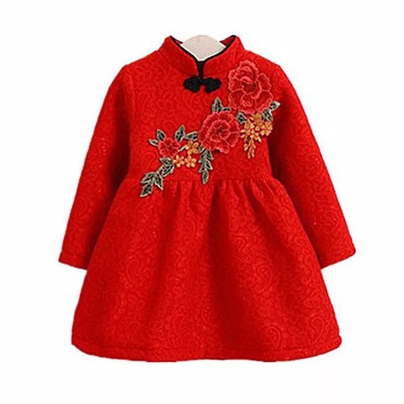 Red Floral Lace Cheongsam Fleece Thermal Dress for Girls