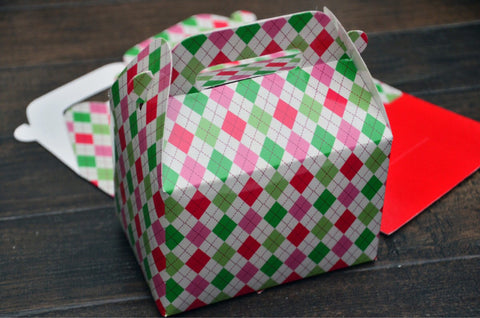 Red Pink Green Argyle Pattern Christmas Favor Boxes / Treat Boxes / Gift Boxes