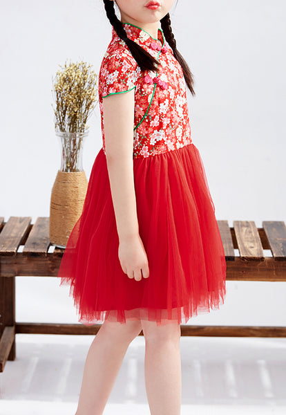 Red Cherry Blossom Cheongsam Tutu Dress for Girls