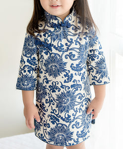 Navy Blue Chinese Floral Pattern Cheongsam Dress for Girls