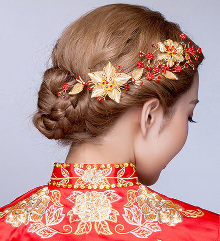 Chinese Wedding Red Floral Bridal Barrettes / Hair Clips