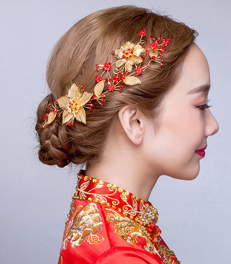 Chinese Wedding Red Floral Bridal Barrettes / Hair Clips