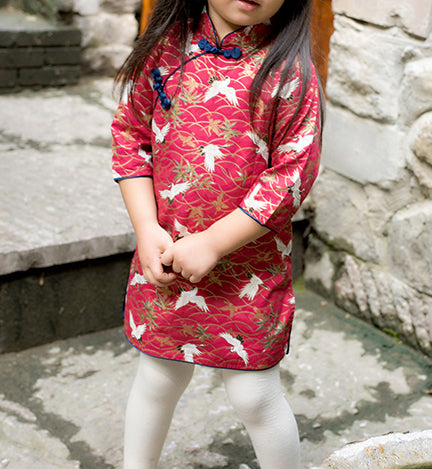 Chinese Crane Red Wine Cheongsam Dress for Girls
