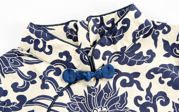 Navy Blue Chinese Floral Pattern Cheongsam Tutu Dress for Girls