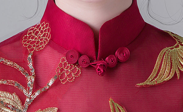 Red Wine Floral  Bird Chinese Cheongsam Tutu Dress for Girls