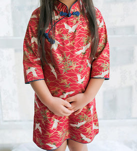Chinese Crane Red Wine Cheongsam Dress for Girls