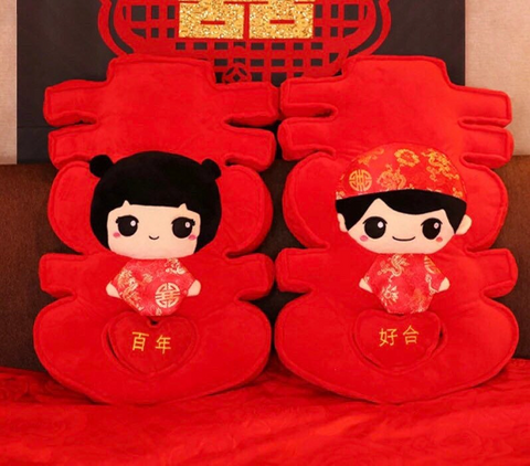 Chinese Double Happiness Cushion Plush Toy Wedding Tea Ceremony / Wedding Gift