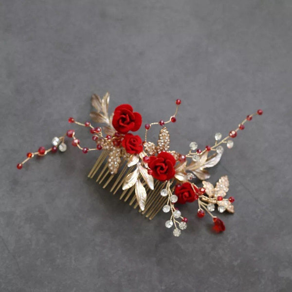 Chinese Wedding Red Rose Bridal Hair Comb / Hair Piece