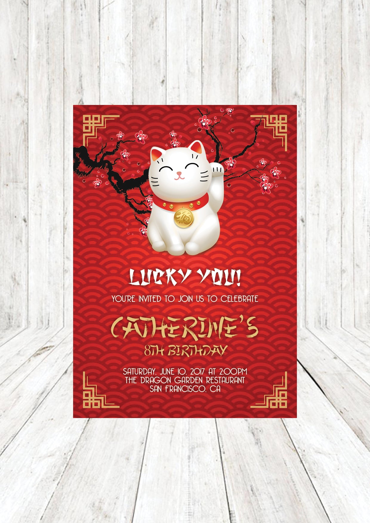 Printable Chinese Lucky Fortune Cat Birthday Party Invitation